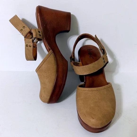 b.o.c. Tan Faux Leather Platform Clog Women 6M Sandals Wood Wedge Heel - Picture 15 of 15
